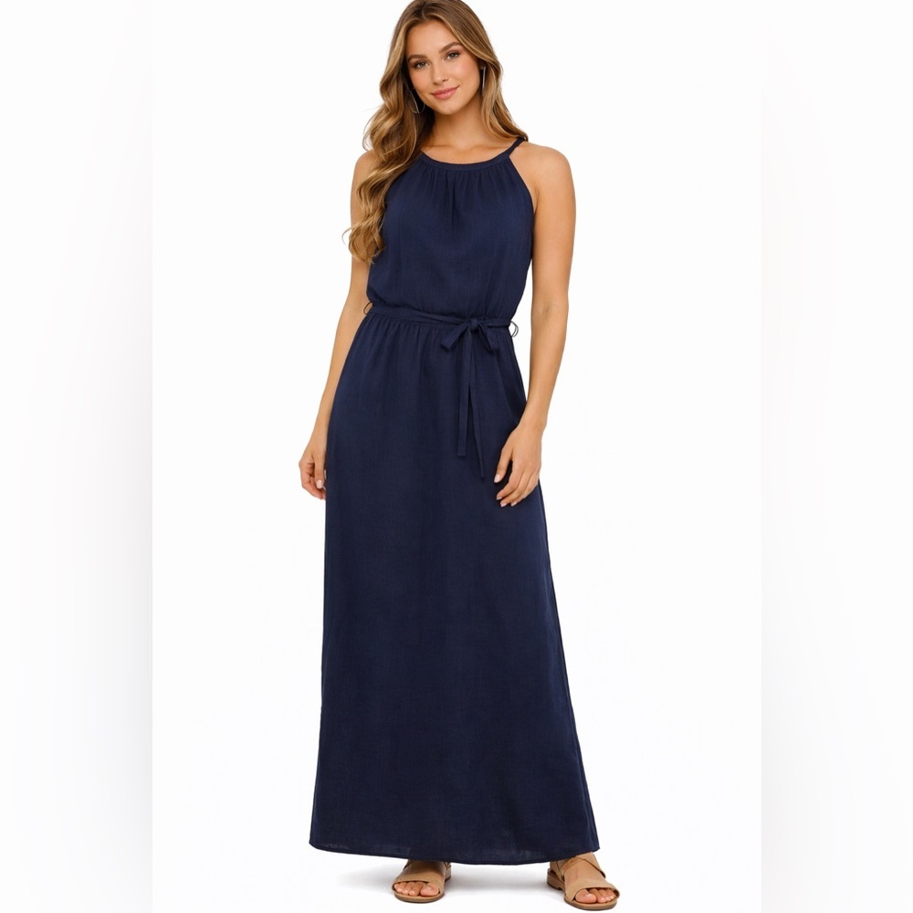 Universal Thread Navy Linen Blend Maxi Dress Sleeveless Belted Coastal Quiet XS